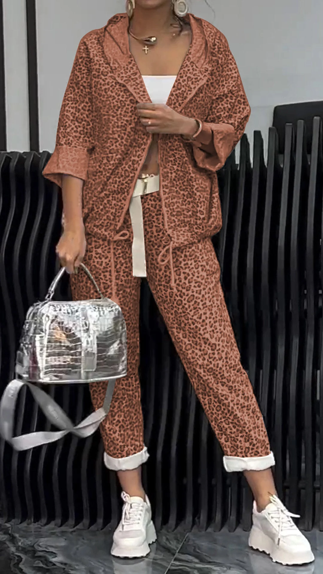 Women's Leopard-print Cardigan Short Suit