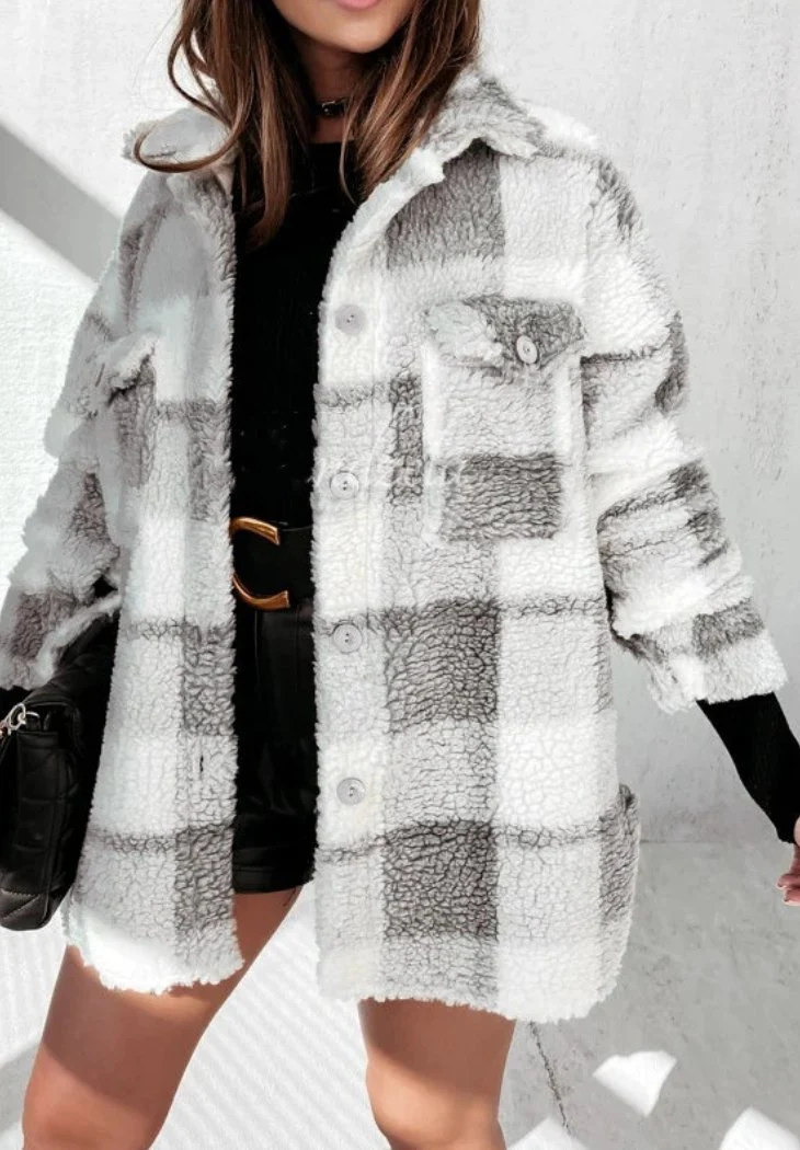 Long Sleeve Double Pocket Plaid Fur Coat